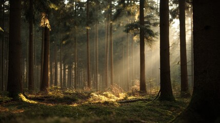 Sunlit misty forest floor with golden morning rays filtering through tall evergreen tree trunks, creating serene atmosphere and soft shadow contrast