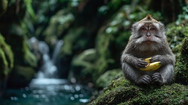 A monkey sits on a mossy , holding a banana, with a blurred waterfall and lush greenery in the background.