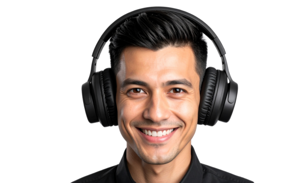 Minimalist Flat Lay Portrait of Man with Headphones, Transparent Background, PNG