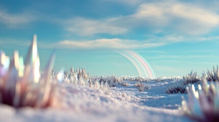 Iridescent tundra landscape with hovering crystal shards, snowy ground, pastel sky and distant rainbow arc evoking calm wonder