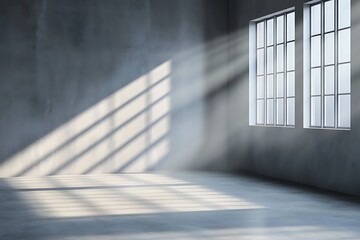 Obraz premium Bright Sunlight Illuminates Empty Room with Concrete Walls and Window Shadows