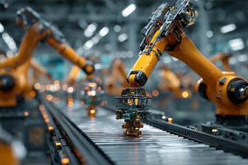 Industrial automation featuring robotic arms precisely assembling components on a conveyor belt, showcasing advanced manufacturing processes and cutting-edge technology.