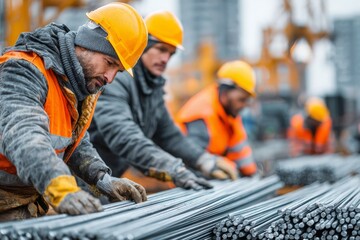 A group of construction workers meticulously handling rebar on a building site, showcasing their expertise and dedication in ensuring structural integrity, safety protocols followed.