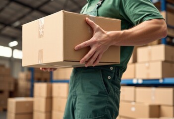 Courier worker lifts a medium box in a busy warehouse setting
