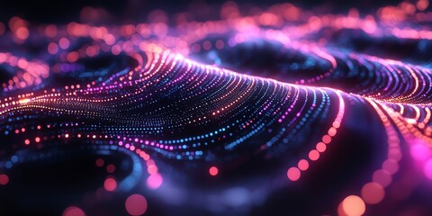 Abstract Digital Wave Pattern with Bright Neon Dots in Dark Background