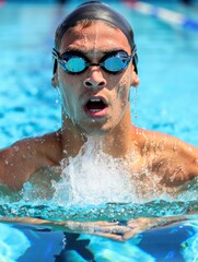 Naklejka premium Competitive swimmer emerging from water with splash and focused expression