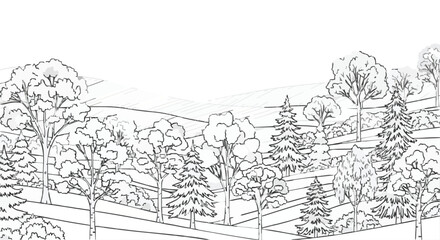 Obraz premium Detailed Black and White Forest Landscape Sketch for Coloring Page or Educational Use