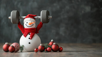 Snowman lifting dumbbell with red scarf, festive ornaments, holiday spirit, wooden floor, cheerful winter scene
