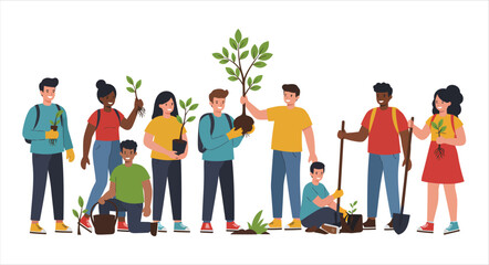 Obraz premium Diverse Group Planting Trees Together Outdoors for Environmental Conservation