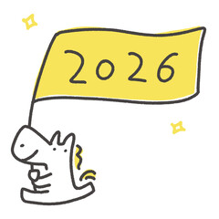 2026のフラッグを持って走る笑顔の白馬　2026 正月素材