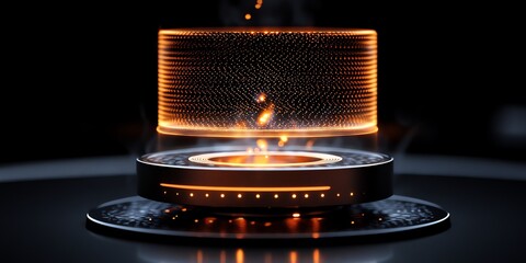 Futuristic Digital Light Display with Glowing Orange Particles on Dark Background