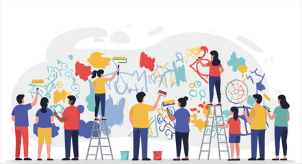 Obraz premium Community members collaborate on colorful mural painting project