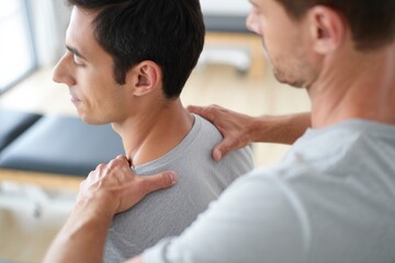 Therapist giving shoulder massage to client during session in bright room