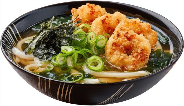 Bowl of udon noodles in broth, topped with crispy shrimp and seaweed