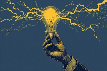 Blue and yellow drawing of a hand holding a light bulb