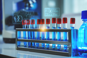 Advanced DNA research is visualized in this lab, featuring a rack of blue-liquid test tubes with red caps and holographic data overlays.