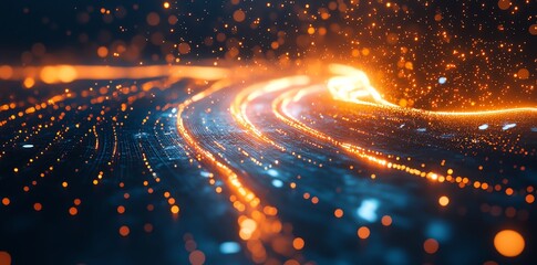 Futuristic Data Stream with Bright Orange and Blue Light Trails in a Dark Space