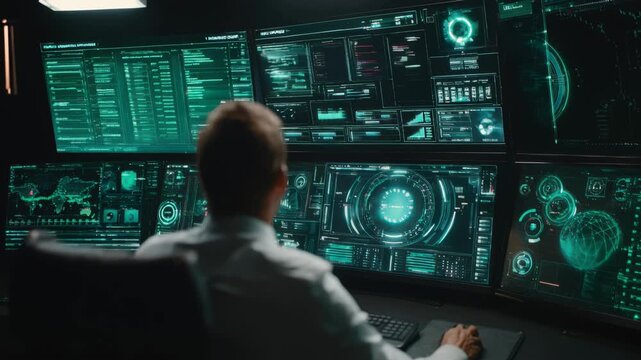 Medium shot of professional analyzing system diagnostics on multiple screens while finetuning hardware components for maximum performance.