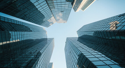 Dramatic low angle view of modern glass skyscrapers against clear blue sky