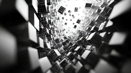 Abstract Black and White Digital Data Cubes Flowing in Tunnel Effect
