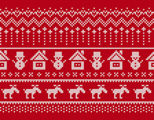 Knit seamless ornament. Christmas pattern with snowman, house, snowflake, deer, trees. Fair isle festive Xmas ugly elements. Sweater xmas border. Knitted print. Vector illustration
