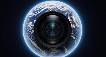 A camera lens with a blue filter, focusing on the Earth, set against a black background.