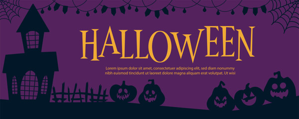 Flat vector Halloween banner with black silhouettes of haunted house, web, and jack lanterns on dark purple background. Perfect for party invitations, posters, and holiday promos.