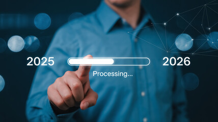 Futuristic digital dashboard with glowing 2025–2026 progress indicator, human hand interaction, dark blue tech background, data network lines, AI processing interface, cyber UI design.