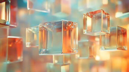 Abstract Transparent Glass Cubes in Warm Orange and Blue Tones with Soft Focus and Dynamic Composition