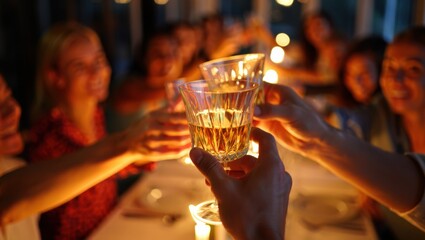 Toast to friendship with illuminated glasses in a cozy dinner party