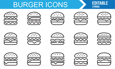 Editable stroke hamburger icon pack, minimal vector set for fast food, meal, and menu illustration