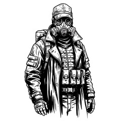 Post-Apocalyptic Soldier in Gas Mask – Tactical Survivor Character with Military Gear in Hand Drawn Vector Style