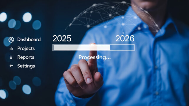 Futuristic digital dashboard with glowing 2025–2026 progress indicator, human hand interaction, dark blue tech background, data network lines, AI processing interface, cyber UI design.