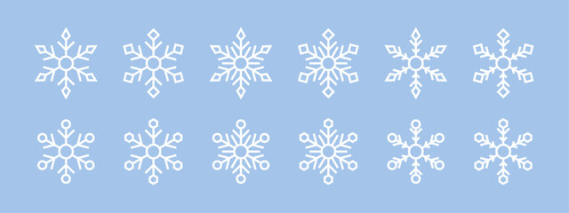 Snowflake icons. white snowflakes isolated on blue background. Linear snowflakes set. Snowflakes template. Snow icons. Frost icon. Snow crystal. Ice crystal. Vector graphic EPS 10
