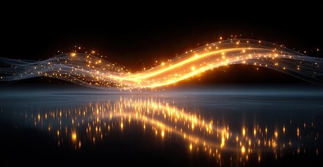 Fototapeta premium Abstract Golden Light Wave Particle Trail Flowing Across Dark Reflective Surface With Subtle Blue Ambient Glow