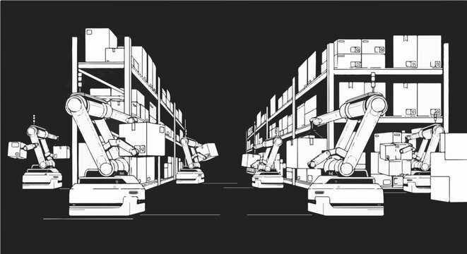 Automated warehouse robots efficiently organize inventory on towering shelves, showcasing modern logistics and industrial innovation for global distribution.