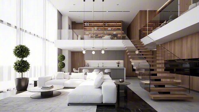 Stunning modern duplex apartment interior featuring a spacious open-plan living room with high ceilings, a minimalist kitchen, and a stylish wooden staircase