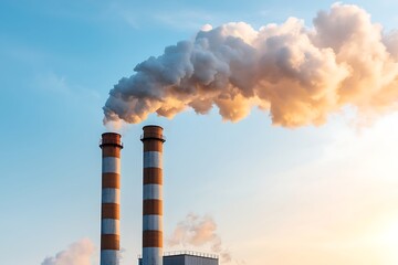 Industrial smoke stacks releasing white clouds against a blue sky at sunset