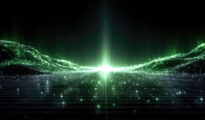 Obraz premium Abstract Green and Blue Energy Particles Flowing Across Dark Futuristic Landscape with Bright Central Light Source