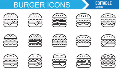 Outline burger vector pack, editable stroke icons of hamburgers and cheeseburgers for cafe, menu, and food design