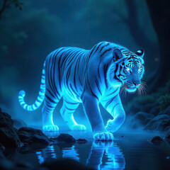 Glowing white tiger walking through a dark forest a surreal and magical illustration perfect for fantasy and wildlife themes