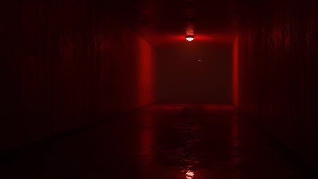 A red corridor with a creepy atmosphere and the camera moving forward.