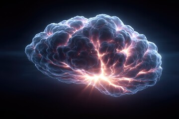 Abstract Neural Network Brain Cloud Glowing With Neon Orange Energy On Black Background Digital Art