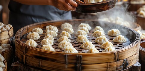 Chef Making Steamed Dumplings in Traditional Bamboo Steamer at Food Market