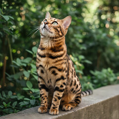 Capture the beauty of nature with this Stunning Image of a Bengal Cat. This majestic feline, with its distinctive markings and captivating gaze, is perfectly framed against a backdrop of lush greenery