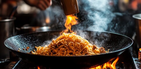 Cooking Spicy Noodles in Wok with Flames and Steam in Professional Kitchen