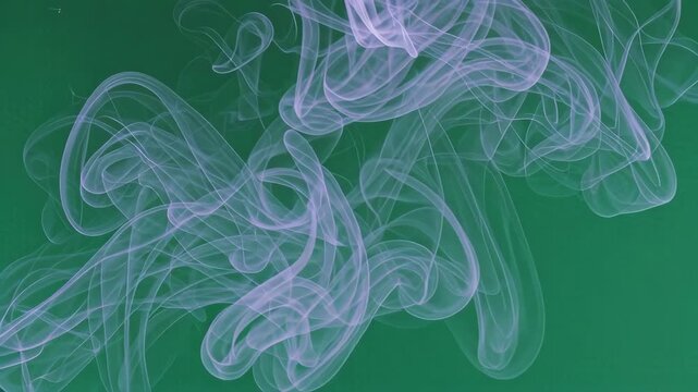 Dynamic lavender and pink smoke swirls against a vibrant green, creating a smooth, ethereal, and high-quality abstract vapor pattern with elegant, flowing motion