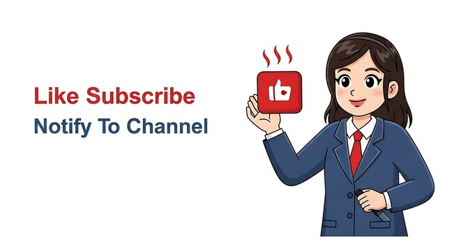 Animated Businesswoman Promoting YouTube Channel with Like, Subscribe, and Notification Call to Action.