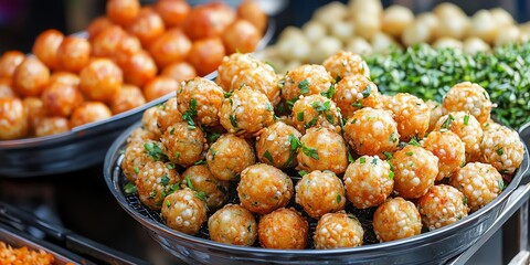 Fried Cheese Balls Garnished with Green Herbs on Silver Serving Dish at Food Market