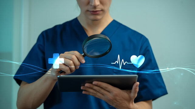 A digital healthcare professional in navy scrubs using a tablet with a stethoscope and magnifying glass, surrounded by glowing blue medical icons of heart, cross, and EKG network connection. - Powered by Adobe
